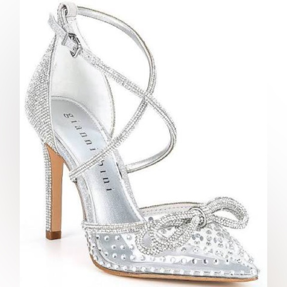 Gianni Bini Silver Rhinestone Pointed-Toe Strappy Heels